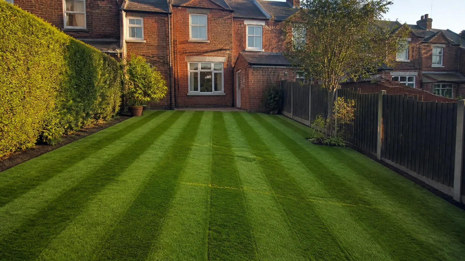 Freshly laid striped lawn behind a red-brick house